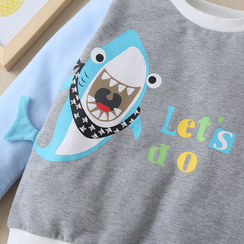 Toddler Kids Boys Solid Cartoon Shark Print Color Blocking Round Neck Long Sleeve Sweater Top - PrettyKid