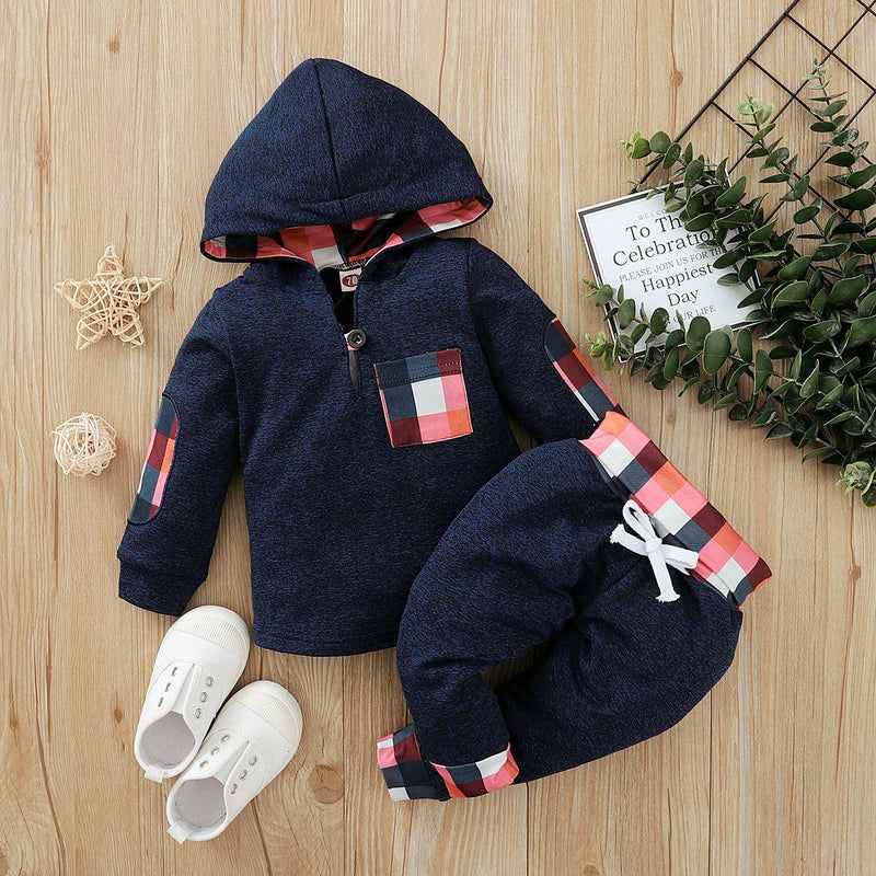 Toddler Kids Boys Plaid Camouflage Patchwork Hooded Sweatshirt Black Suit - PrettyKid