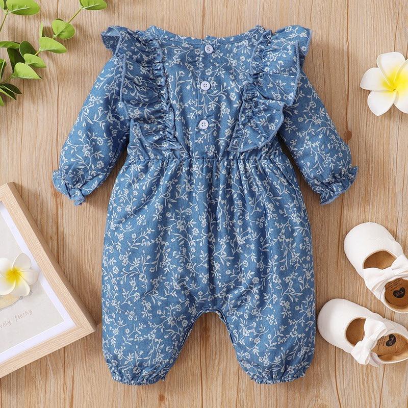 Baby Girls Floral Printed Ruffle Long Sleeve Jumpsuit - PrettyKid