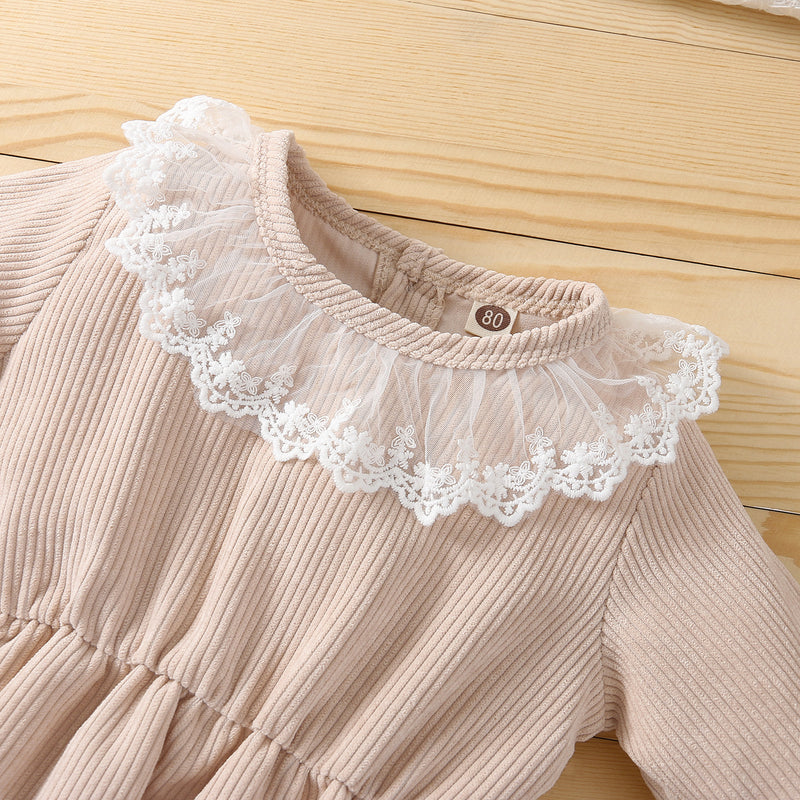 Baby Girls Corduroy Lace Neckline Solid Color Long-sleeved Jumpsuit - PrettyKid