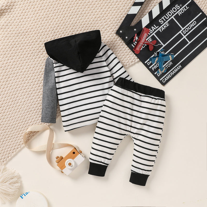Toddler Boys Striped Print Elephant Embroidery Hooded Sweatshirt Suit - PrettyKid