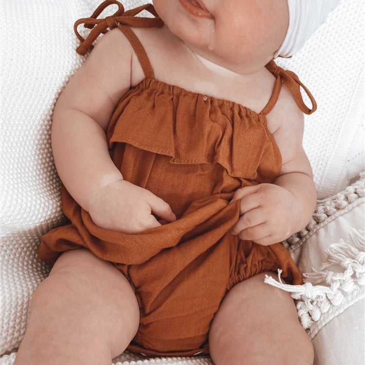 Baby Girls Linen Cotton Solid Color Ruffled Suspender Jumpsuit - PrettyKid
