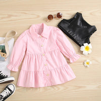 Toddler Kids Girls Pink Shirt Dress PU Leather Vest Suit - PrettyKid