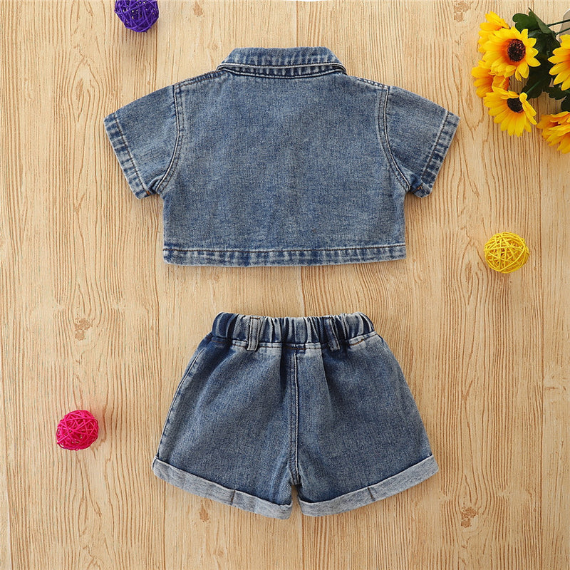 Toddler Kids Girls' Solid Denim Short Sleeve Shorts Set - PrettyKid