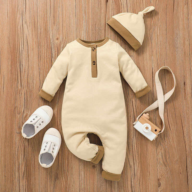 Baby Boys Solid Color Long Sleeved Knitted Onepiece Hat Two Piece Set - PrettyKid