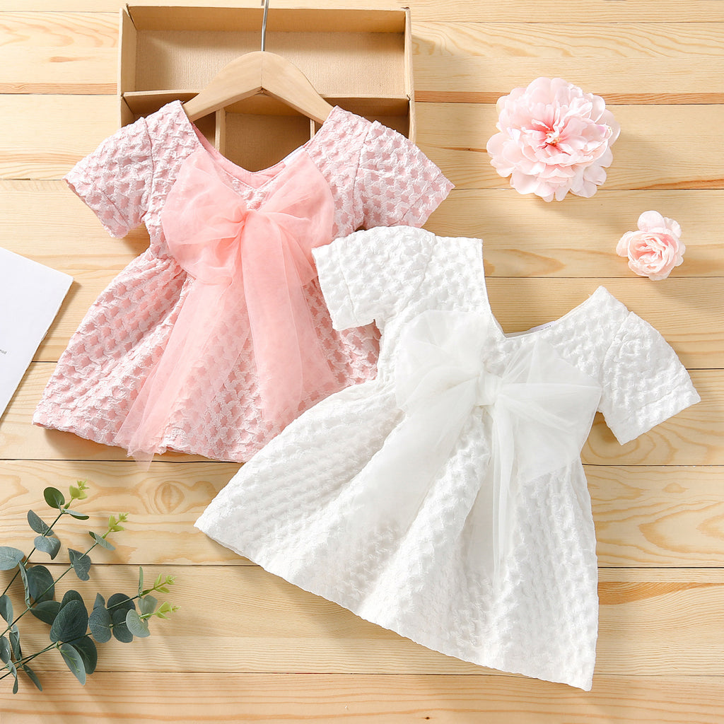 6months-4years Baby Girl Party Dresses V-Neck Solid Color Mesh Bow Short Sleeves Wholesale Baby Clothes In Bulk - PrettyKid