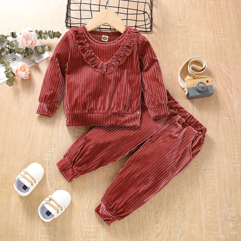Baby Girl Fall Set Wine Red Ruffle Top With Pants - PrettyKid