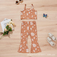 Toddler Kids Girls' Cotton Floral Suspenders Flared Pants Set - PrettyKid