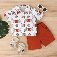 Boys' Summer Korean Animal Print Lapel Short-sleeved Shirt Fashion Shorts Two-piece Suit