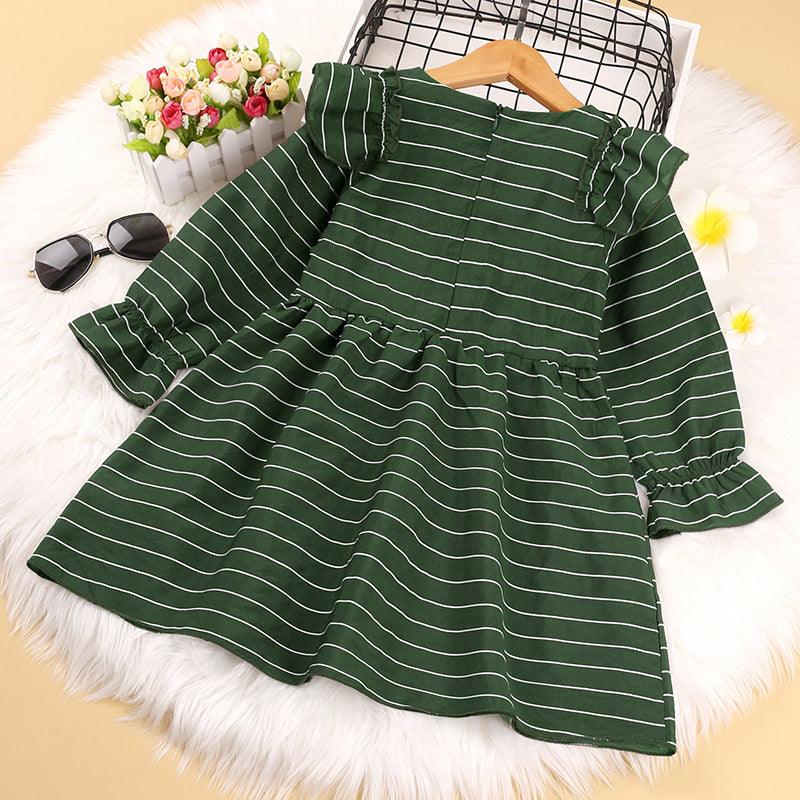 Kids Girls Green Stripe Bow Long Sleeve Dress - PrettyKid