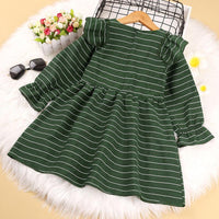 Kids Girls Green Stripe Bow Long Sleeve Dress - PrettyKid