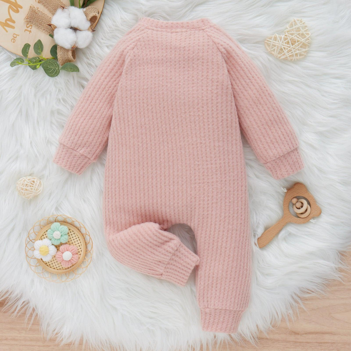 Baby Boys Girls Solid Color Waffle Fleece Warm Long-sleeved Jumpsuit - PrettyKid