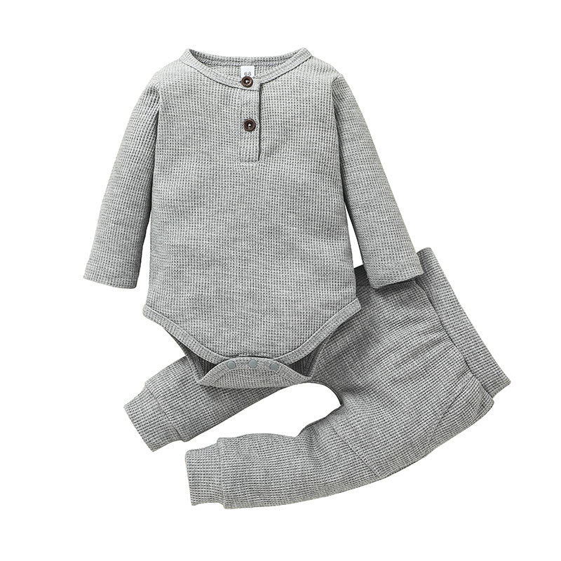 Baby Boys Girls Solid Color Knitted Striped Pullover Long Sleeve Set - PrettyKid