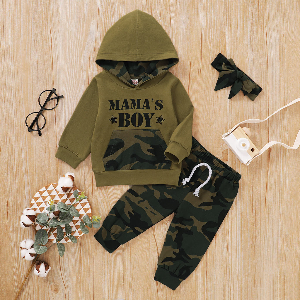 Boys' Letter Hooded Pocket Long Sleeve Camouflage Sweater Set - PrettyKid