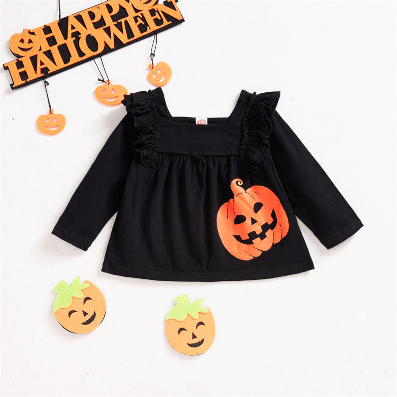 2022 Girls Square Neck Solid Color Ghost Print Halloween Long Sleeve Suit - PrettyKid