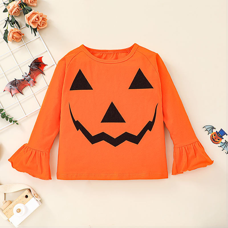 Toddler Kids Girls Halloween Pumpkin Print T-Shirt Striped Flared Pants Set Wholesale Childrens Clothing Online - PrettyKid