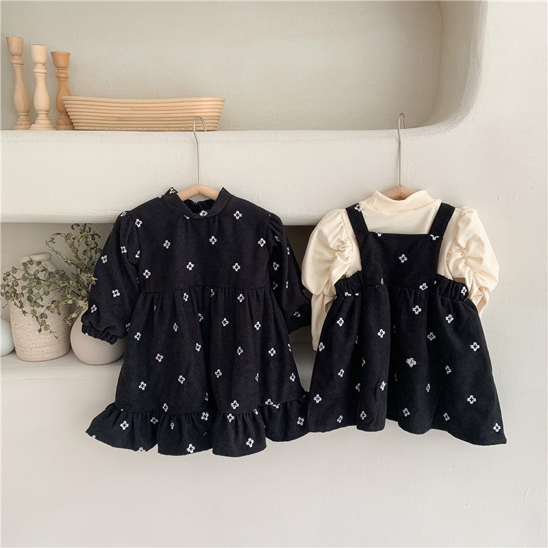 Toddler Kids Girls' Solid Color Embroidered Long Sleeved Padded Dresses - PrettyKid