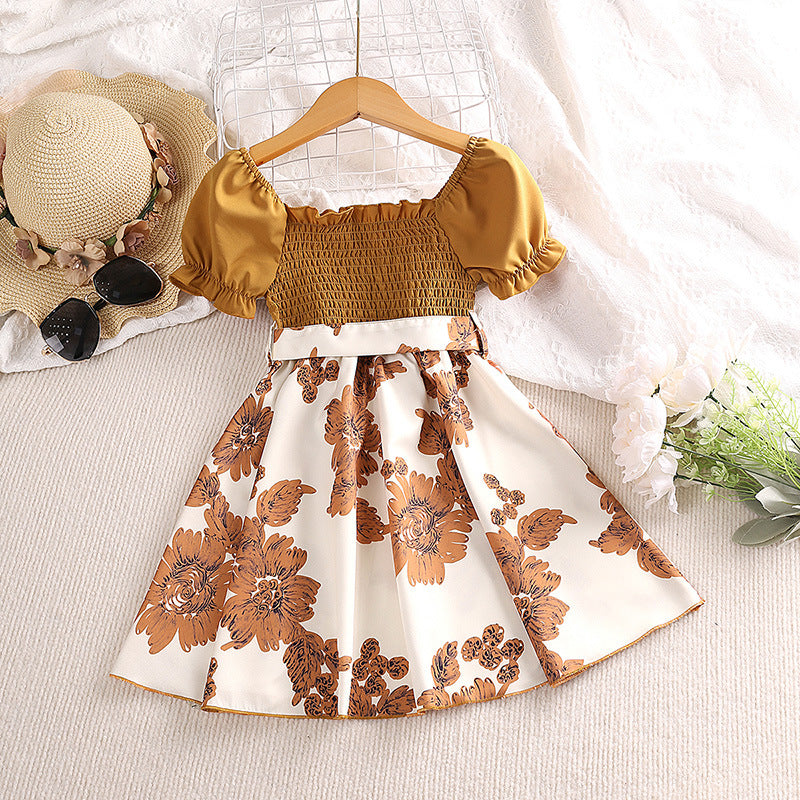 Girls' Summer Patchwork Dress Printed Fashionable Bubble Sleeve Princess Skirt