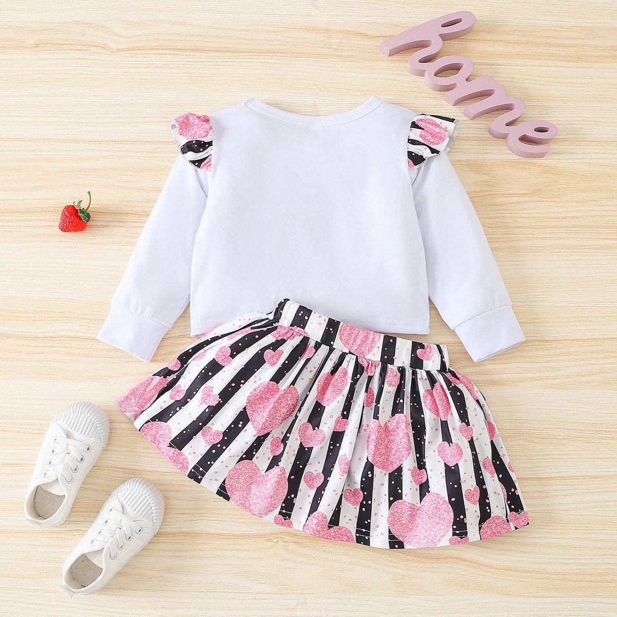 Toddler Kids Girl Solid Letter Love Print Long Sleeve T-Shirt Short Skirt Valentine's Day Set - PrettyKid