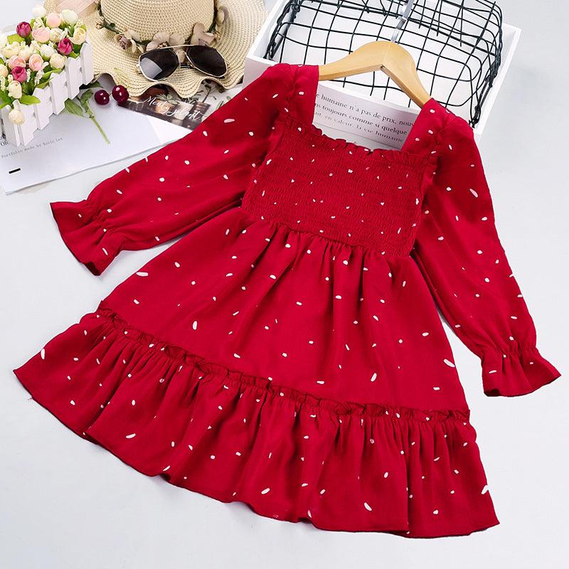 Toddler Kids Girl Solid Color Polka Dot Print Square Neck Long Sleeve Dress - PrettyKid