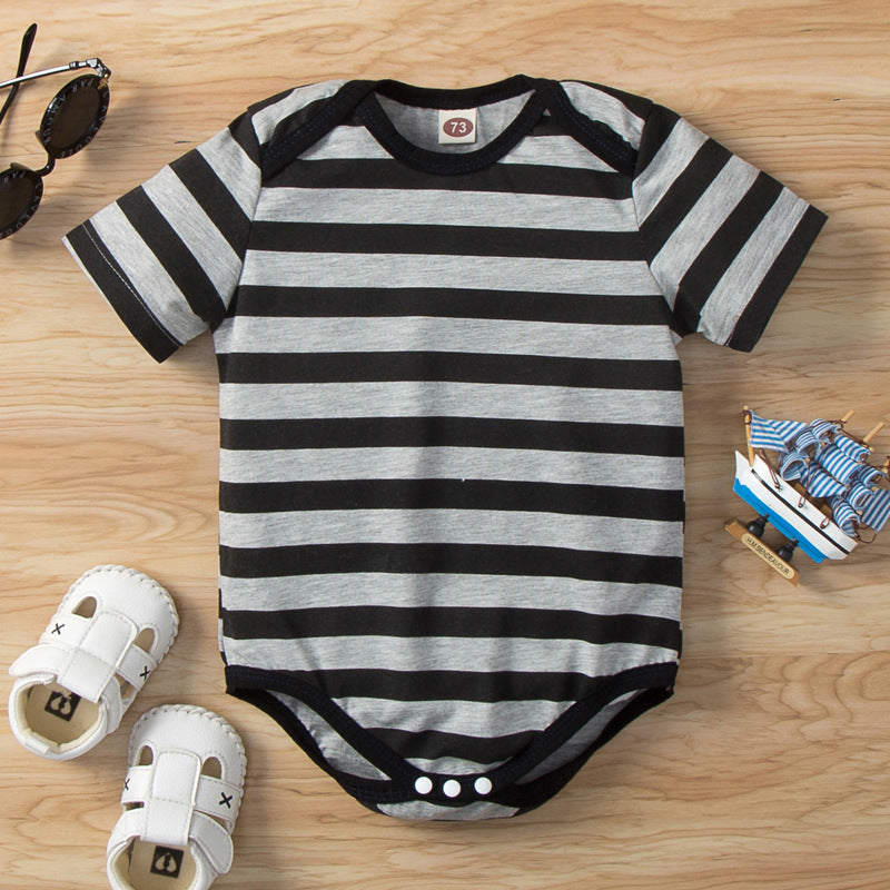 Baby Boys Black Stripe Printed Short Sleeve Jumpsuit - PrettyKid
