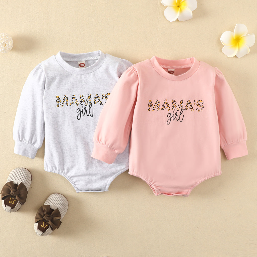 Baby Girls Solid Mama's Girls Leopard Print Monogrammed Long Sleeve Jumpsuit - PrettyKid