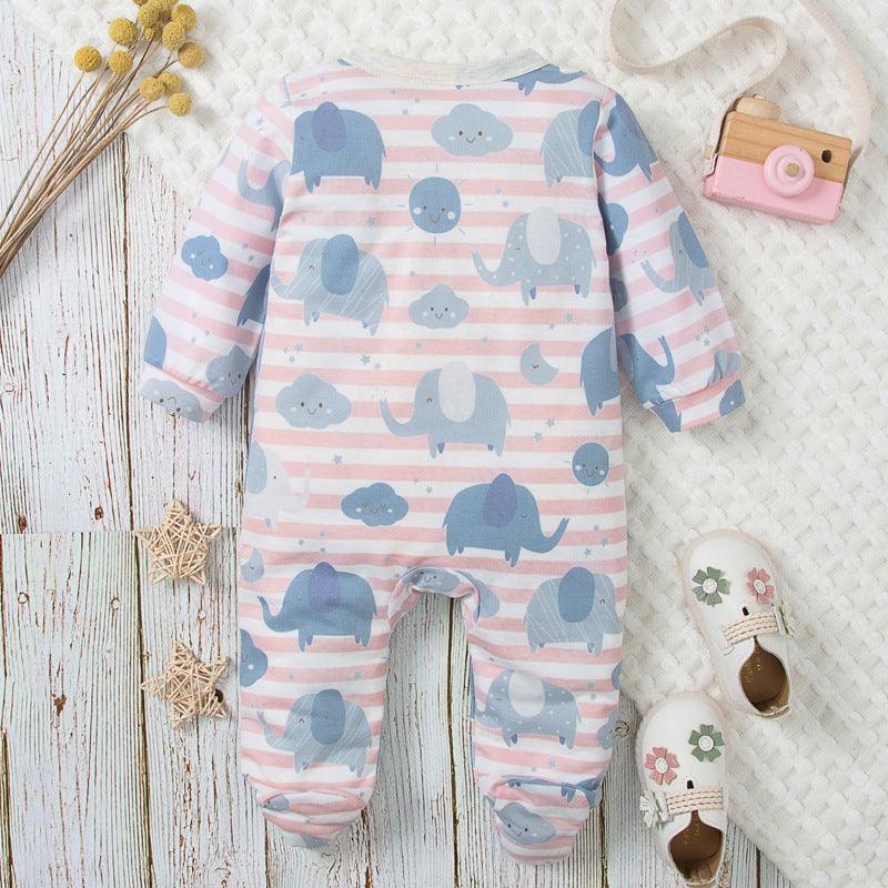 Baby Boys Girls Cartoon Elephant Print Striped Slash Wrapped Feet Jumpsuit - PrettyKid