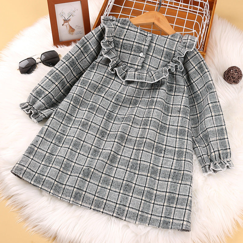 Toddler Kids Girls Plaid Bow Long Sleeve Lace Dress - PrettyKid