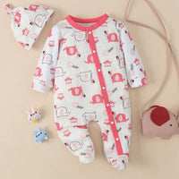 Baby Girls Cartoon Elephant Slant Placket Wrap Foot Jumpsuit Hat Two Piece Set - PrettyKid