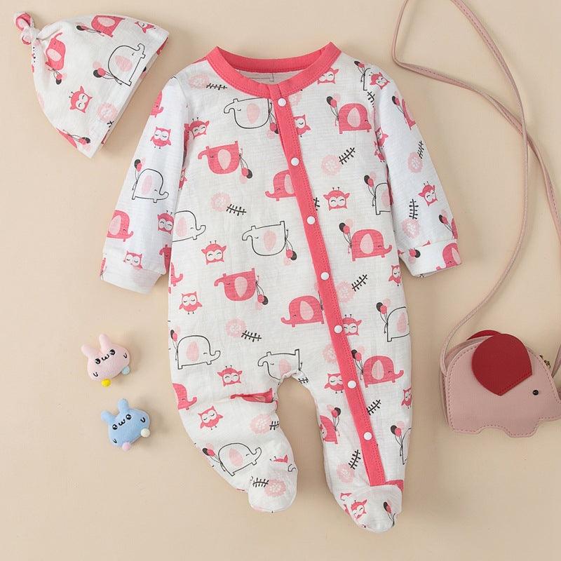 Baby Girls Cartoon Elephant Slant Placket Wrap Foot Jumpsuit Hat Two Piece Set - PrettyKid