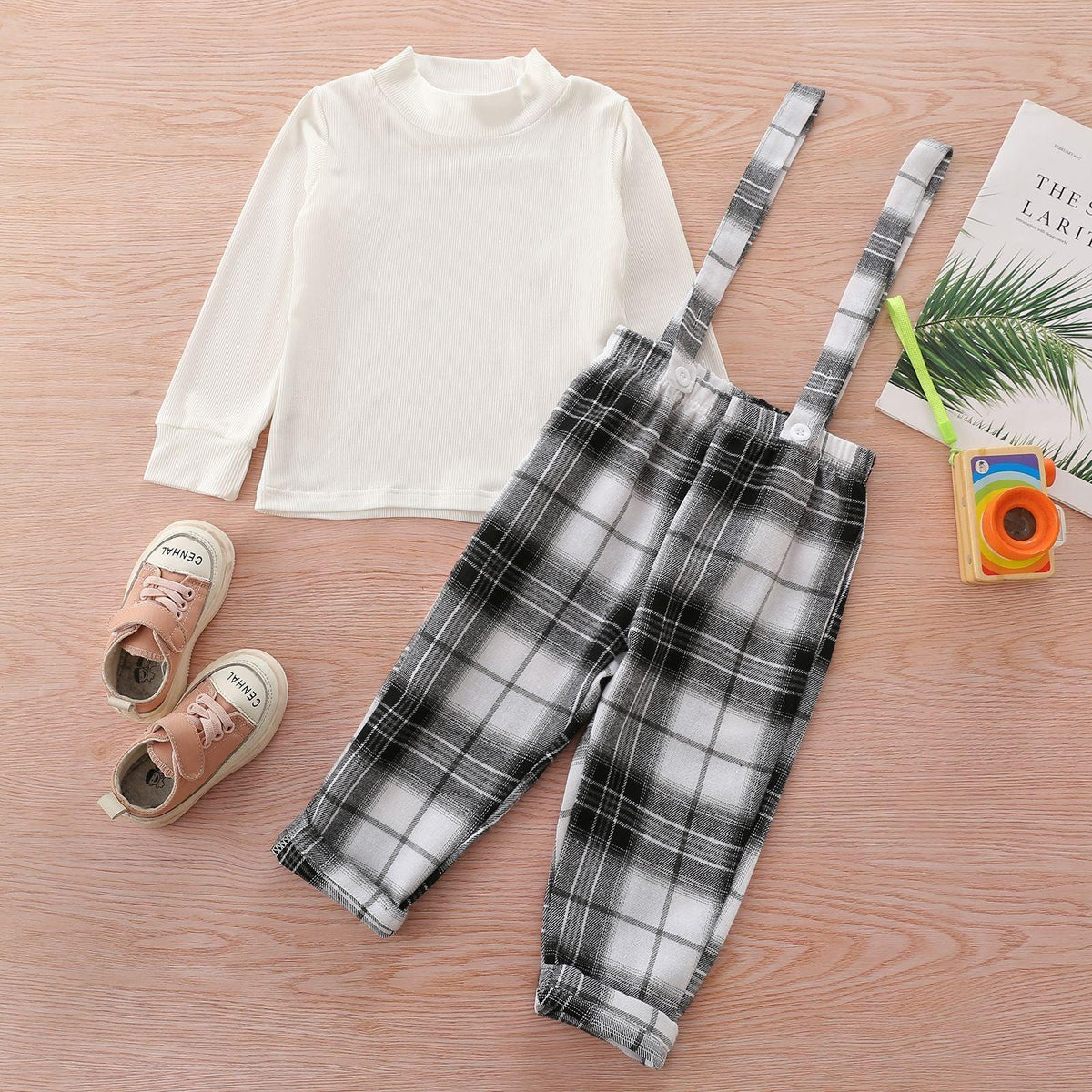 Toddler Kids Girls Solid Color Long Sleeve Top Black and White Plaid Suspender Suit Children's Boutique Suppliers - PrettyKid