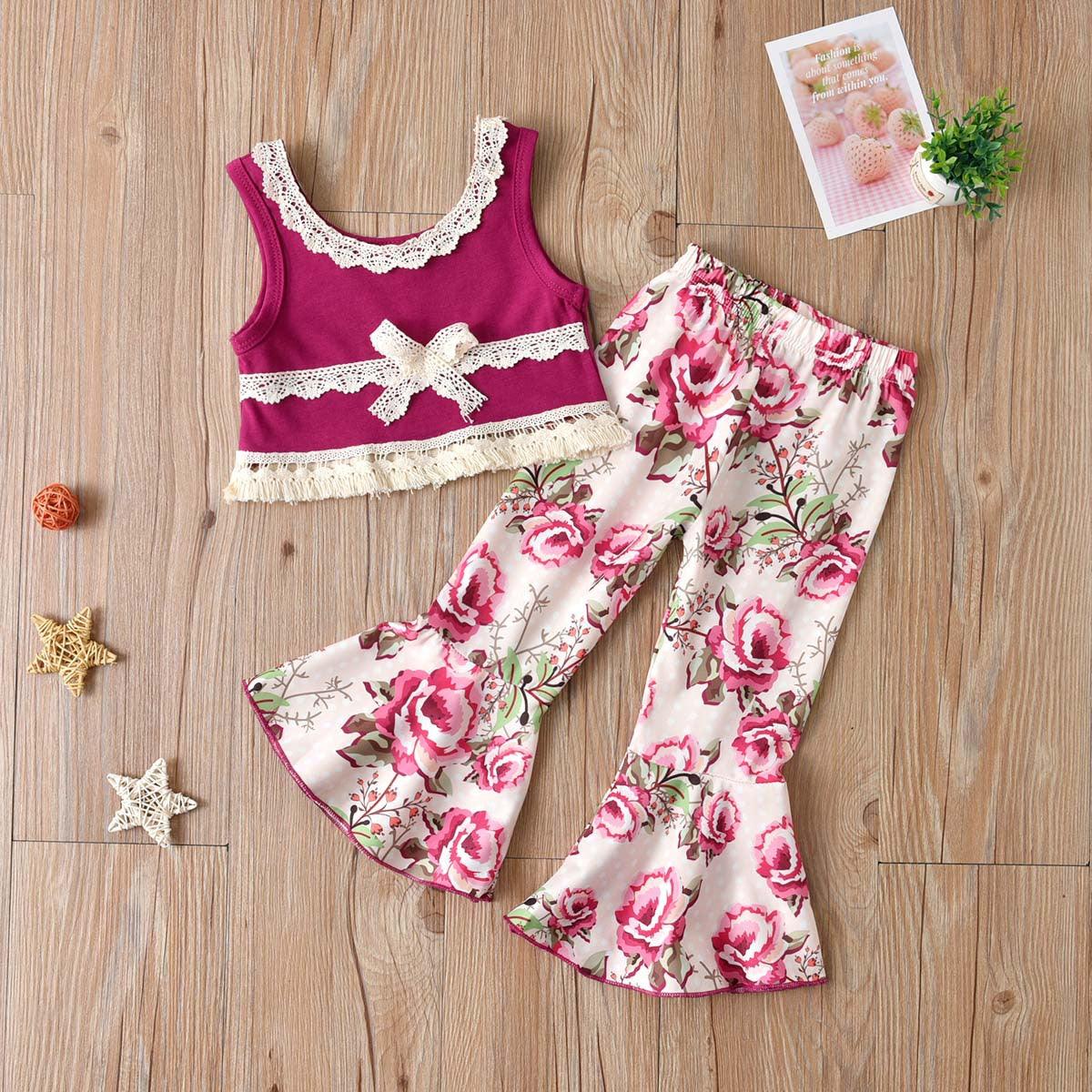 Toddler Kids Girl Solid Sleeveless Lace Patchwork Top Print Flared Pants Set - PrettyKid