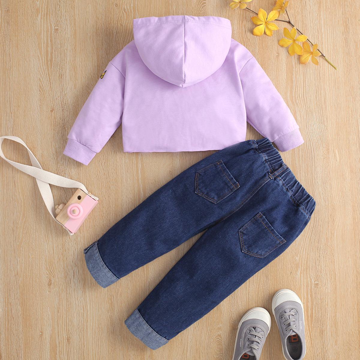 Toddler Kids Girls Long Sleeve Printed Hoodie with Holes Jeans Pants Set - PrettyKid