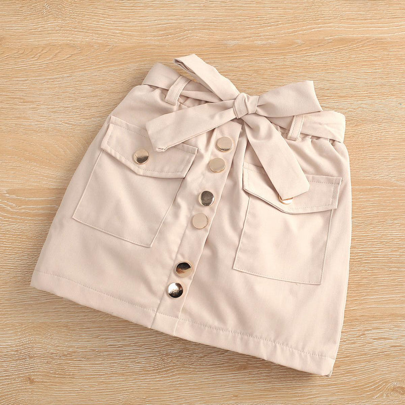 Toddler Kids Girls Solid Long Sleeve Lapel Jacket Top Bow Skirt Set - PrettyKid