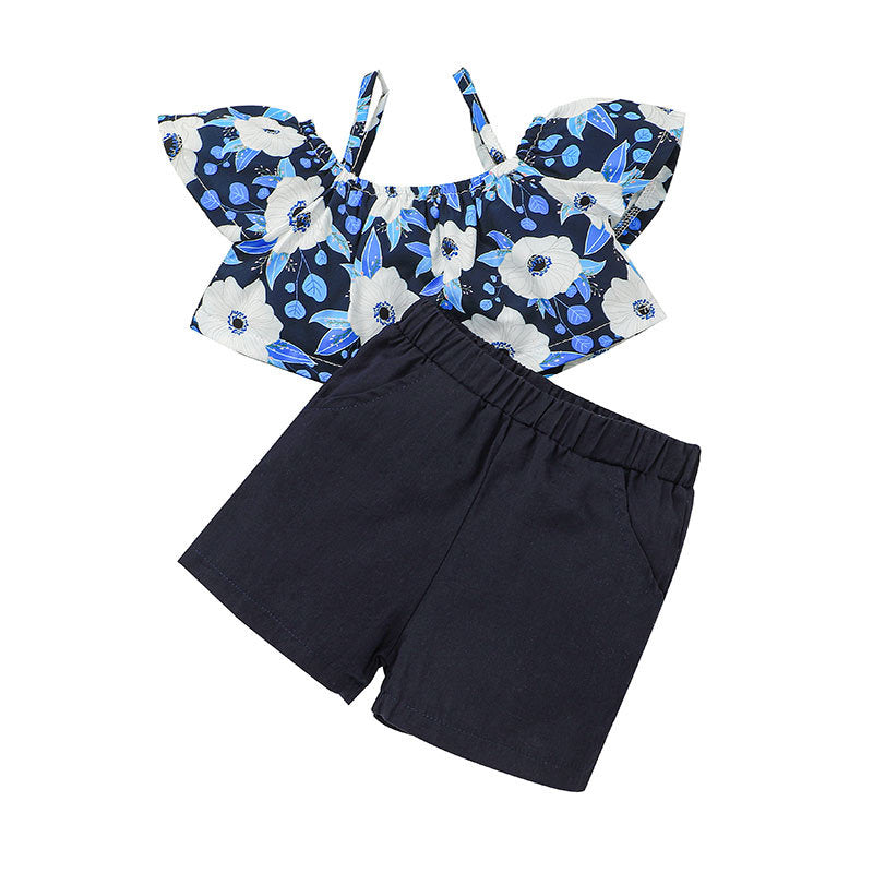 Toddler Kids Girls Floral Print Suspender Top Solid Shorts Set - PrettyKid