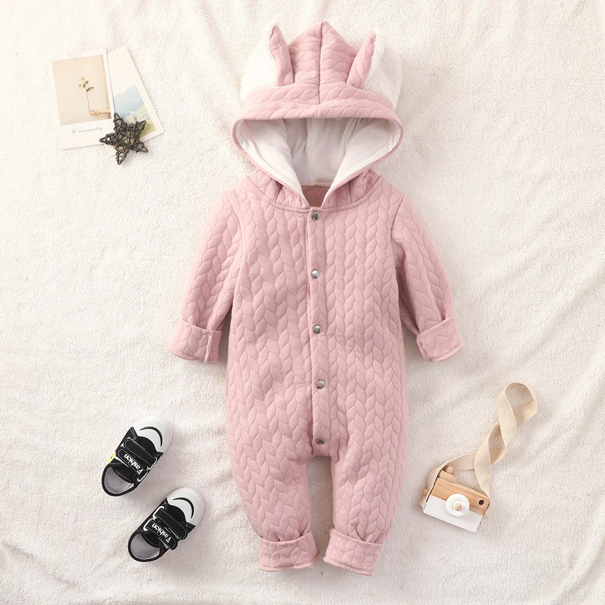 Baby Boys Girls Solid Color Lovely Ears Long Sleeve Hooded Jumpsuit - PrettyKid