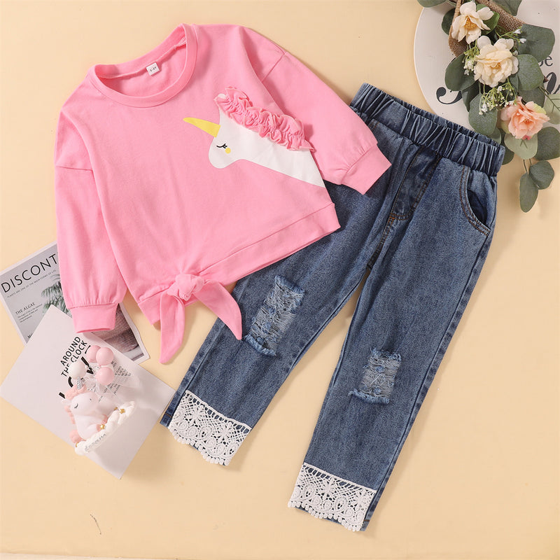 Toddler Girls Pink Long Sleeve Unicorn Top Denim Pants Set - PrettyKid