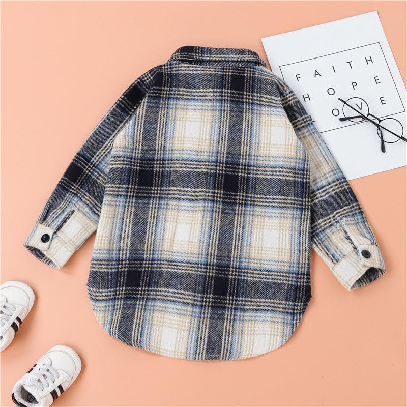 Toddler Kids Plaid Print Thickened Long Sleeved Tweed Shirt - PrettyKid