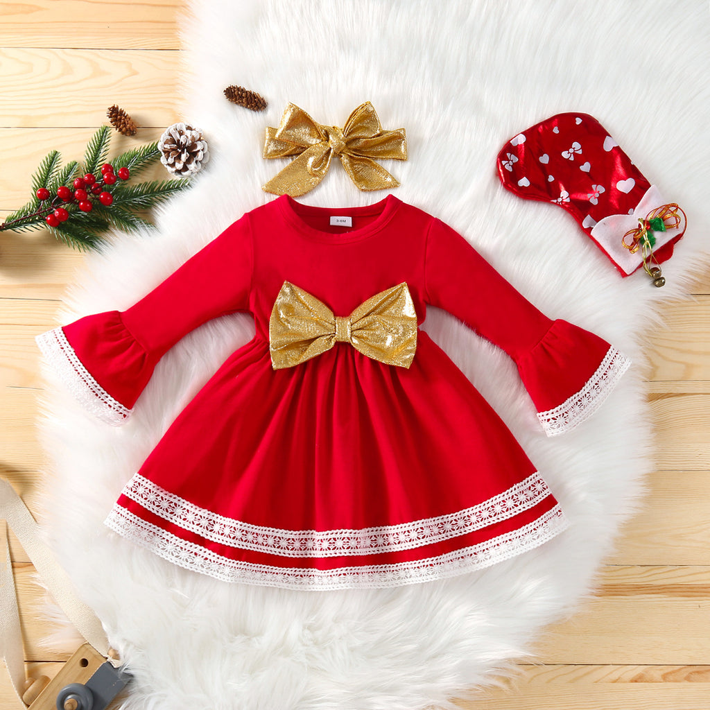 Toddler Kids Girls Solid Bow Christmas Dress Children's Wear - PrettyKid