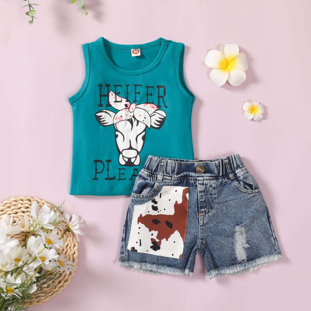 Toddler Boys Girls Solid Color Cartoon Cow Head Print Undershirt Denim Shorts Set - PrettyKid