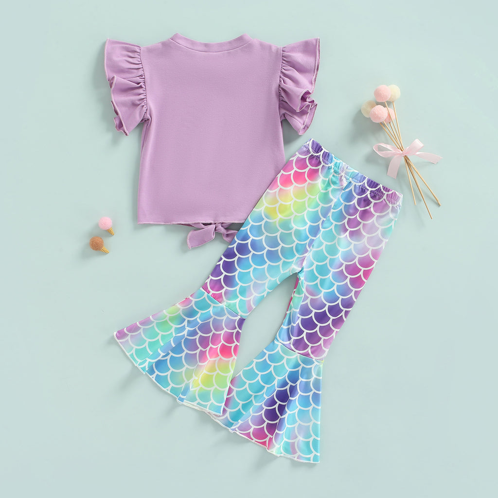 Toddler Kids Girls Solid Color Shell Short Sleeve Round Neck T-Shirt Top Color Fish Scale Printing Horn Pants Set - PrettyKid