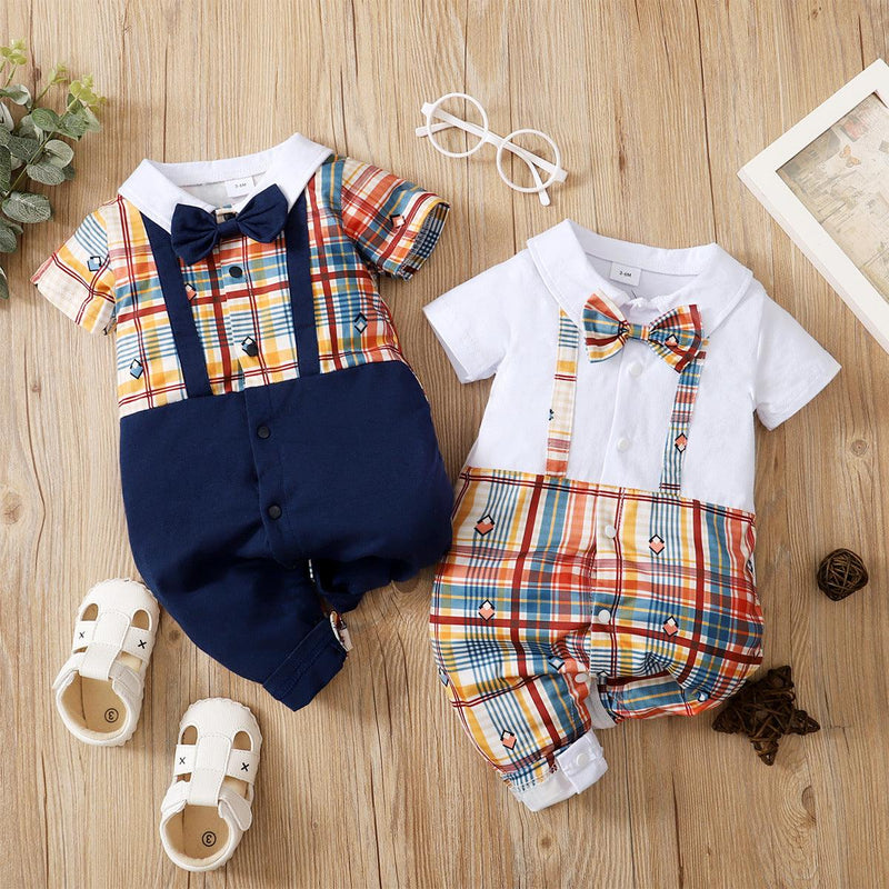 Baby Boys Summer Short Sleeve Plaid Stripe Printed False Suspender Bow Tie Gentleman Jumpsuit - PrettyKid