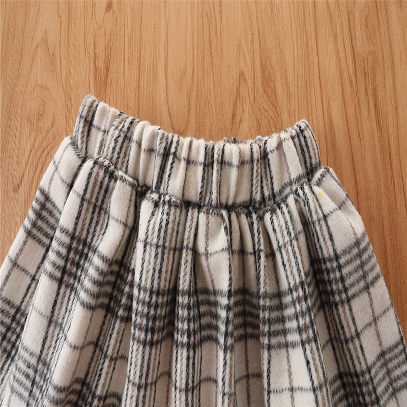 Toddler Kids Girls' Solid Color Suspender Plaid Print Coat Short Skirt Suit - PrettyKid