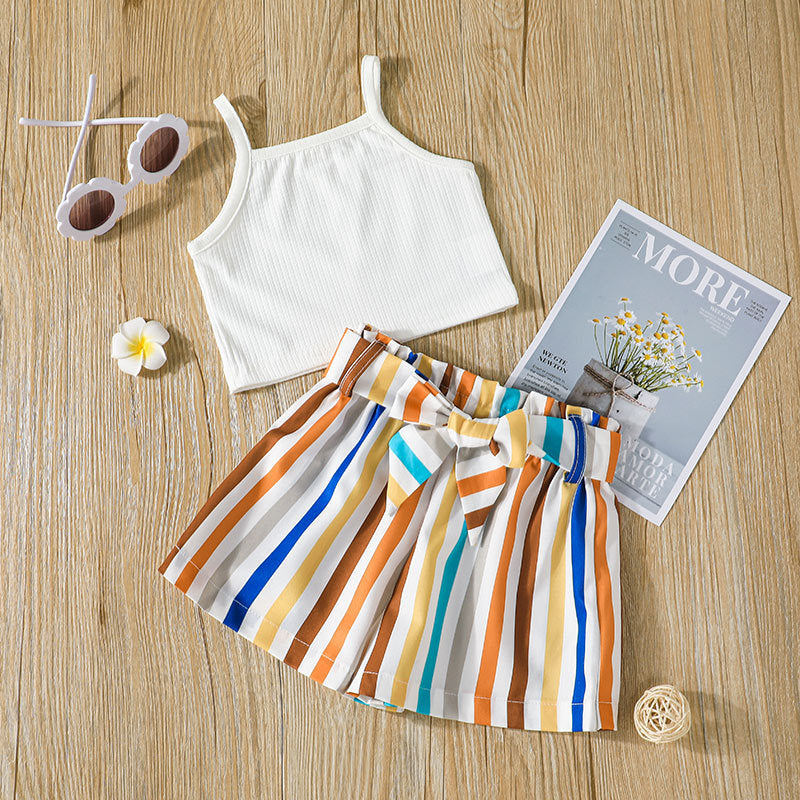 Toddler Girls White Suspender Vest Top Rainbow Vertical Stripe Printed Shorts Set - PrettyKid
