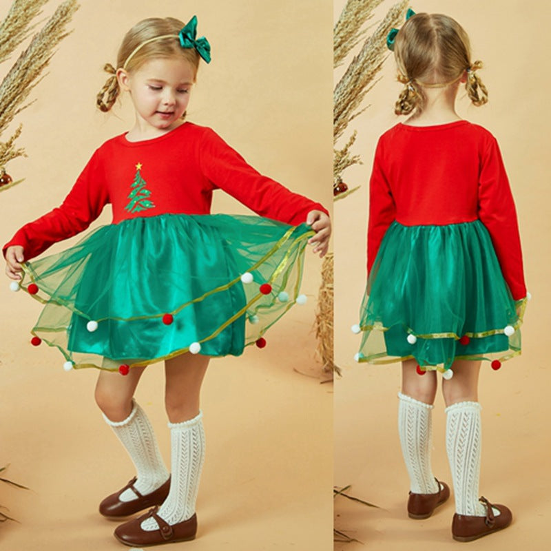 Toddler Kids Girls Solid Cartoon Christmas Tree Mesh Mosaic Wool Ball Dress - PrettyKid
