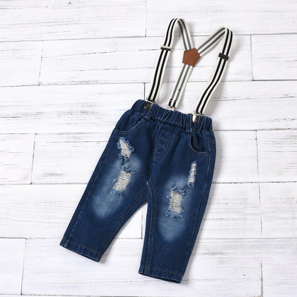 Baby Boys Solid Letter Print Bow Tie Short Sleeve T-shirt Strap Denim Pants Set - PrettyKid