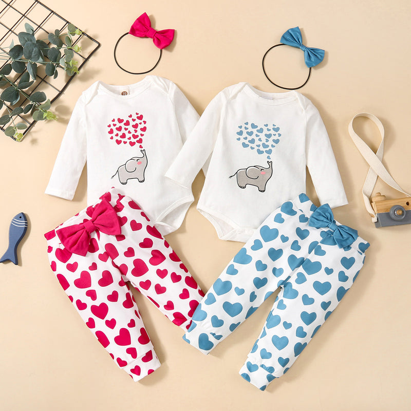 Baby Girl Cartoon Elephant Solid Color Top Love Printed Pants Set - PrettyKid