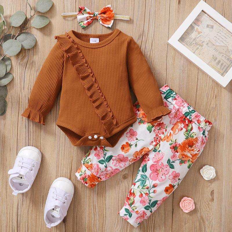 Baby Girls Brown Ruffled Long Sleeved Jumpsuit Flower Printed Pants Hair Band Set - PrettyKid