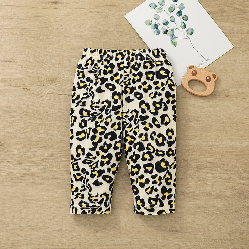 Baby Girls Solid Letter Printed One-piece Clothes Leopard Pants Set - PrettyKid