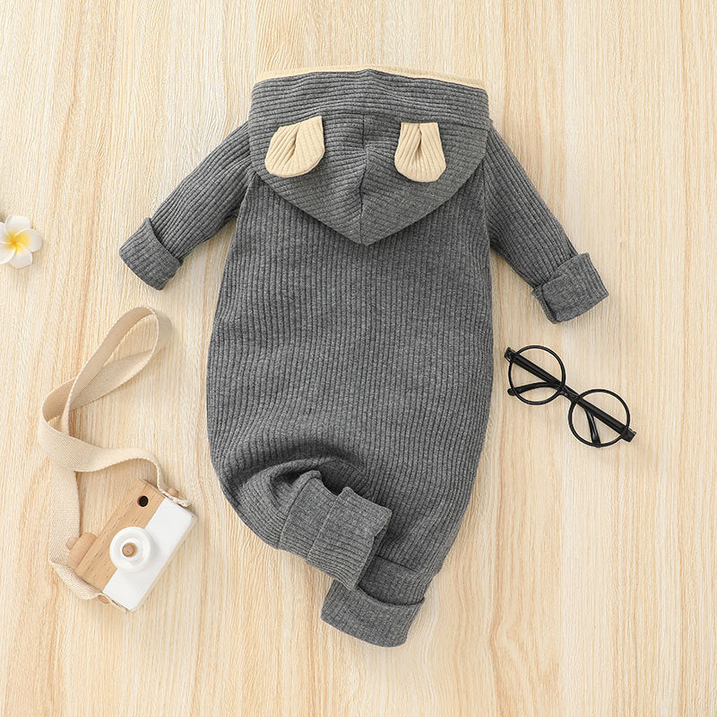 Baby Boys Girls Solid Color Long Sleeved Knitted Hooded Jumpsuit Creeper - PrettyKid